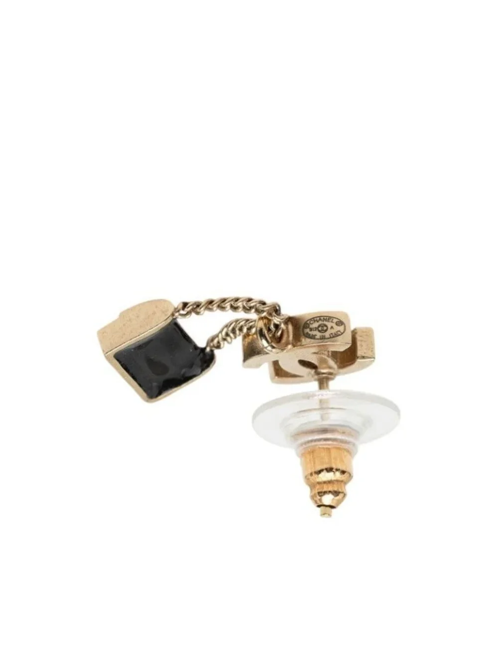 Chanel CC Logo Bag Motif Earrings Gold Black Plated